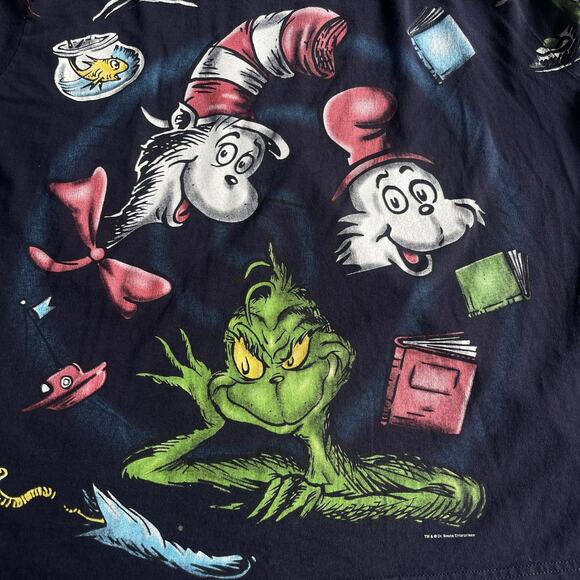 Vintage Dr. Seuss Shirt Womens 2X Navy Grinch Cat in the Hat Made USA 90s - Picture 3 of 8
